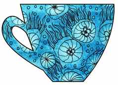 杯茶咖啡手工制作的水彩混合媒体水母海