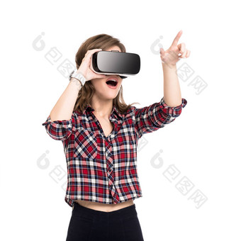 快乐女孩经验耳机眼镜虚拟现实手势手孤立的