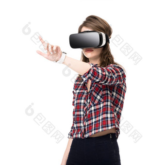 快乐女孩经验耳机眼镜虚拟现实手势手孤立的