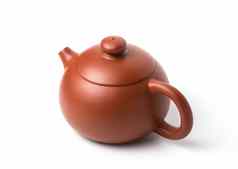 小棕色（的）陶器茶壶关闭成员孤立的白色