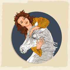设计白色马头厚鬃毛女人拥抱蓝色的背景古董奶油
