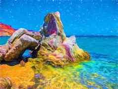 海滩景观岩石水流海滩岩石热带岛插图夏天旅行卡