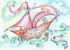 插图神奇的船浮点数海洋上男人。扔了礼物海豚钓鱼杆
