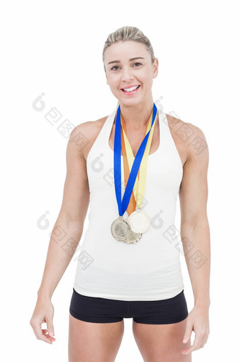 女运动员穿奖牌