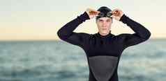 复合图像游泳运动员潜水服穿游泳护目镜