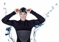 复合图像游泳运动员潜水服穿游泳护目镜