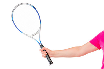 女人的手持有网球球拍白色背景