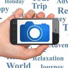 旅游概念手持有智能手机照片相机显示