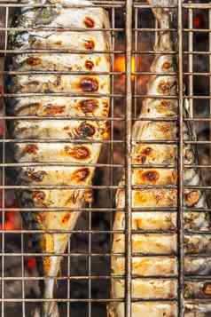 烤尸体鱼鲭鱼煮熟的烧烤前视图克罗