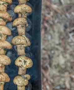 烤蘑菇煮熟的火盆前视图特写镜头