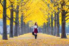 美丽的女孩黄色的叶子纳米岛韩国