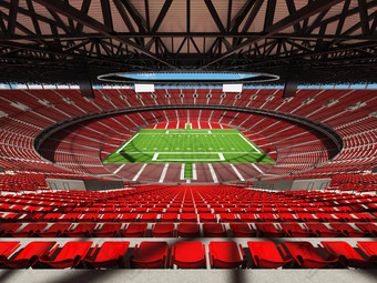 大美丽的现代美国足球体育场红色的座位贵宾盒子