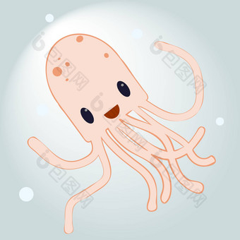 有趣的可爱的卡通章鱼字符海动物向量插图
