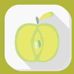 绿色苹果标志图标长影子水果叶象征插图平设计
