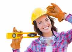 年轻的有吸引力的女建设工人水平穿手套硬他保护护目镜孤立的白色