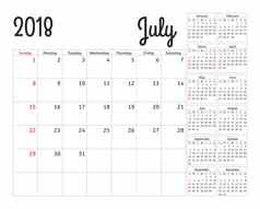 简单的日历规划师一年设计7月模板集个月周开始周日日历规划周