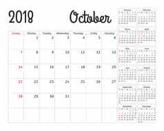 简单的日历规划师一年设计10月模板集个月周开始周日日历规划周