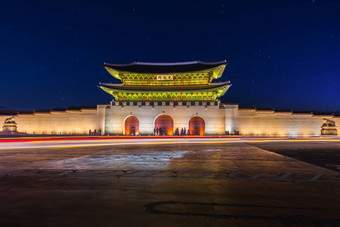 韩国Gyeongbokgung宫晚上首尔南韩国