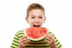 英俊的微笑孩子男孩持有红色的西瓜水果片