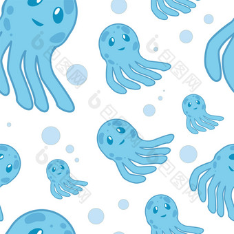可爱的快乐水母卡通字符无缝的模式海动物插图自然动物水生<strong>美杜莎</strong>水族馆热带海洋