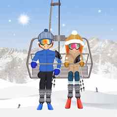 夫妇滑雪电梯