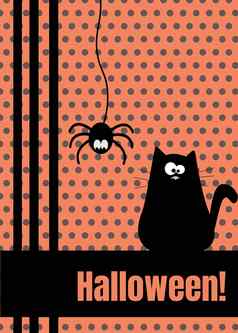 快乐万圣节问候卡挂破折号行网络蜘蛛昆虫可爱的卡通字符平设计橙色波尔卡点背景模式