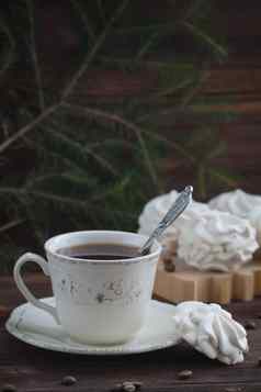 杯咖啡咖啡调味西风棉花糖木背景