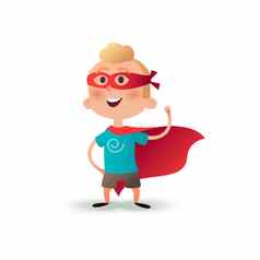 卡通超级英雄男孩站角挥舞着风快乐英雄孩子孩子们字符红色的supermen斗篷
