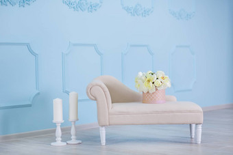 室内模拟照片蓝色的墙皮革材料窟沙发能植物花梯背景照片复制空间文本