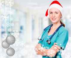 微笑医生穿红色的圣诞老人他圣诞节时间概念