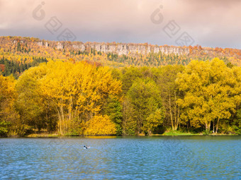 秋天的景<strong>观色</strong>彩斑斓的树砂岩岩石形成水表面