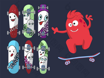 明亮的滑板图片可爱的鬼魂黑暗背景红色的怪物
