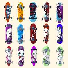 集滑板滑板元素街风格画明亮的数据卡通