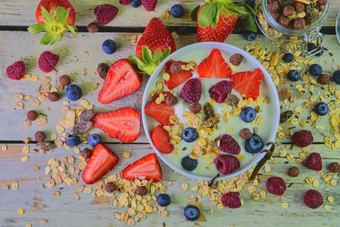 作文典型的真正的早餐使酸奶蓝莓树莓蓝莓牛奶什锦早餐概念健身饮食健康早餐平设计前视图