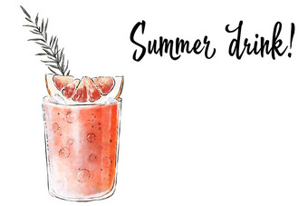 Colorfu手绘插图美味的奶昔新鲜的水果新鲜的夏天鸡尾酒葡萄柚迷迭香玻璃冰多维数据集健康的饮料维生素自然喝