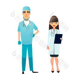医生护士团队卡通医疗工作人员医疗团队概念外科医生护士医院专业健康工人平字符孤立的白色