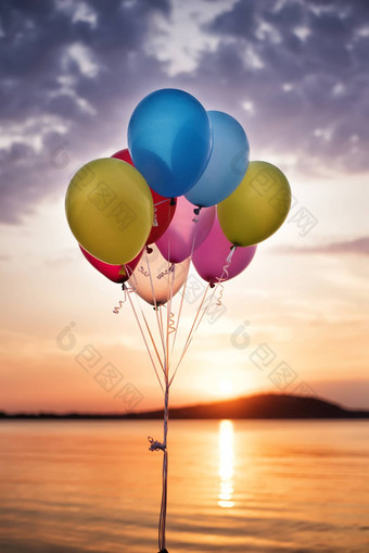 色彩斑斓的<strong>气球</strong>桥海美丽的日落生日聚会，<strong>派对气球</strong>