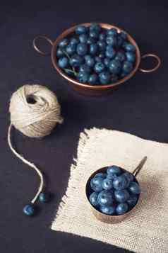 蓝莓黑暗图片新鲜的水果浆果铜杯黑暗风格股票照片黑色的背景