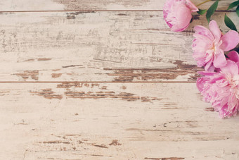 惊人的粉红色的牡丹白色光乡村木背景复制空间花框架古董阴霾婚礼礼物卡情人节一天母亲一天背景