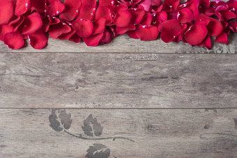 红色的玫瑰花瓣木背景玫瑰花瓣边境木表格前视图复制空间花框架风格市场营销摄影婚礼礼物卡情人节一天母亲一天背景
