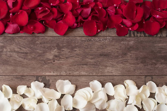 红色的白色玫瑰花瓣木背景玫瑰花瓣边境木表格前视图复制空间花框架风格市场营销摄影婚礼礼物卡情人节一天母亲一天背景