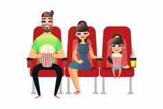 快乐家庭看电影电影妈妈爸爸女儿眼镜男人。女人女孩坐座位看首映爆米花饮料集团人看