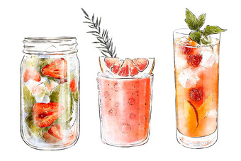 集色彩斑斓的手绘插图美味的夏令鸡尾酒新鲜的水果冰美丽的眼镜健康的饮料维生素自然饮料
