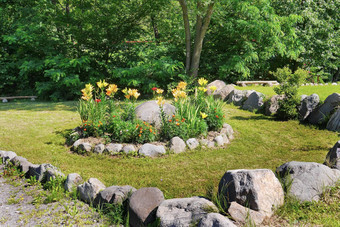 精致的<strong>淡黄色</strong>的色彩花日益增长的公园草坪上覆盖石头