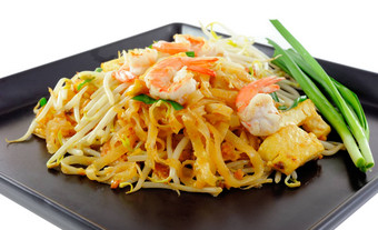 泰国食物垫泰国搅拌弗莱面条虾黑色的板