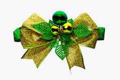 闪亮的绿色黄金圣诞节弓球孤立的白色背景复制空间丝带礼物现在概念圣诞节装饰丝带圣诞节点缀概念