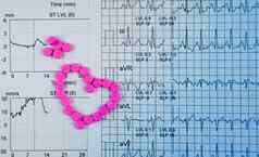 心电图心电图心电图图报告纸是锻炼压力测试结果粉红色的心形状使药片包促销活动心检查高级上了年纪的人概念