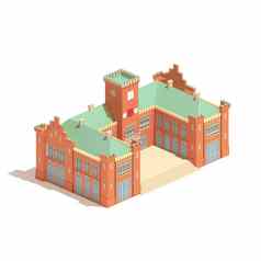 平模型等角城堡大学建筑插图孤立的白色背景