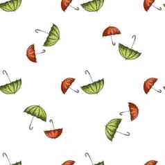 无缝的模式红色的绿色手画雨伞秋天配件集合插图
