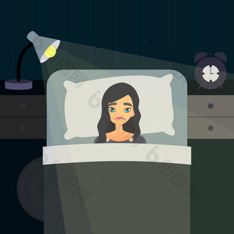 不眠夜失眠概念艺术累了女人床上睡眠压力女字符失眠的卡通女孩